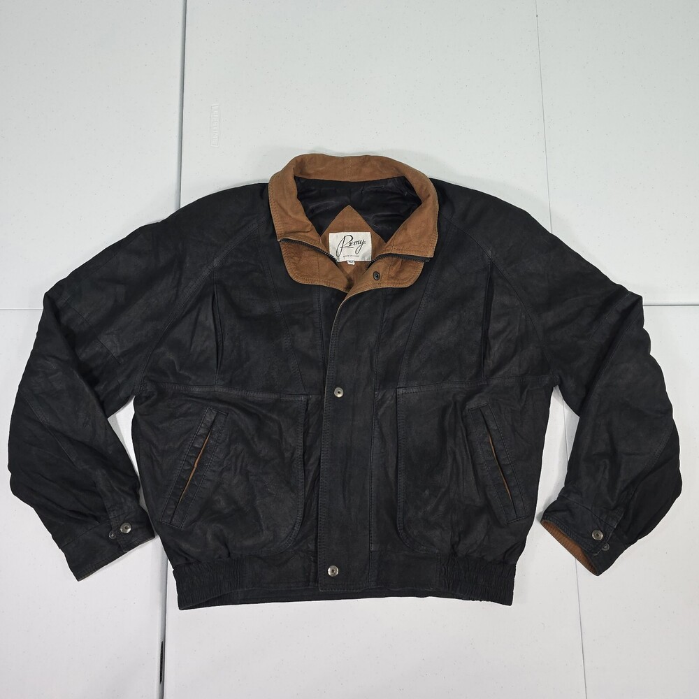 Remy Men 42 Black/Brown Double Collar Soft Thin Leather Bomber Jacket USA
